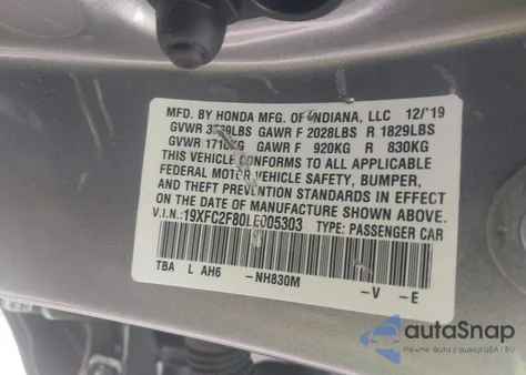 2020 Honda Civic Sport from USA, damaged, VIN 19XFC2F80LE005303